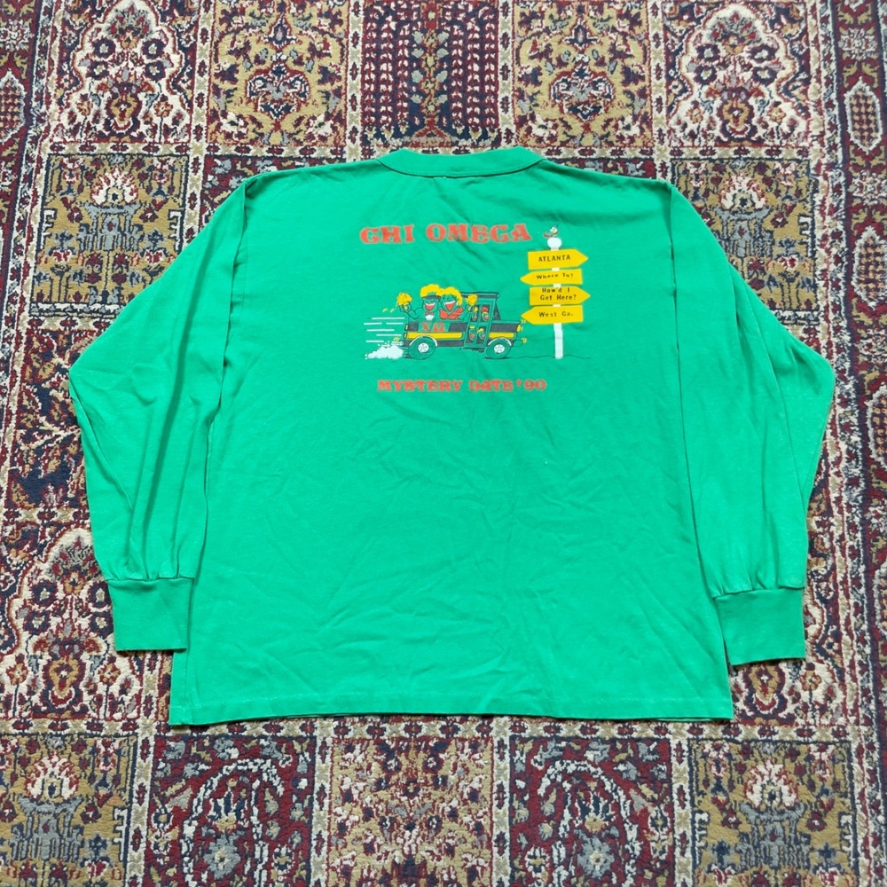 VTG 1990 Chi Omega Long Sleeve T Shirt Mystery Date Raunchy Retro XL Green USA